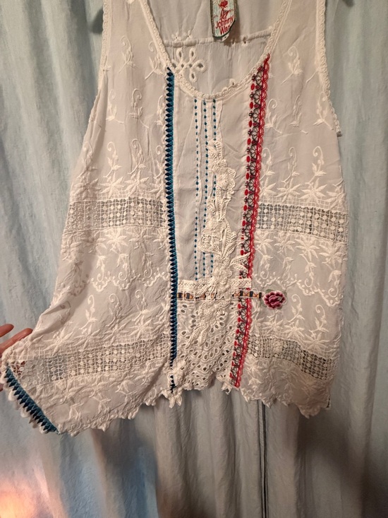 Johnny Was Tops - Johnny Was White Lace Embroidered Tank with Blue & Red Trim